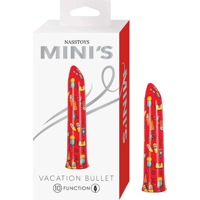 Nasstoys Minis Vacation Rechargeable Bullet Red in vibrant packaging with playful summer designs.