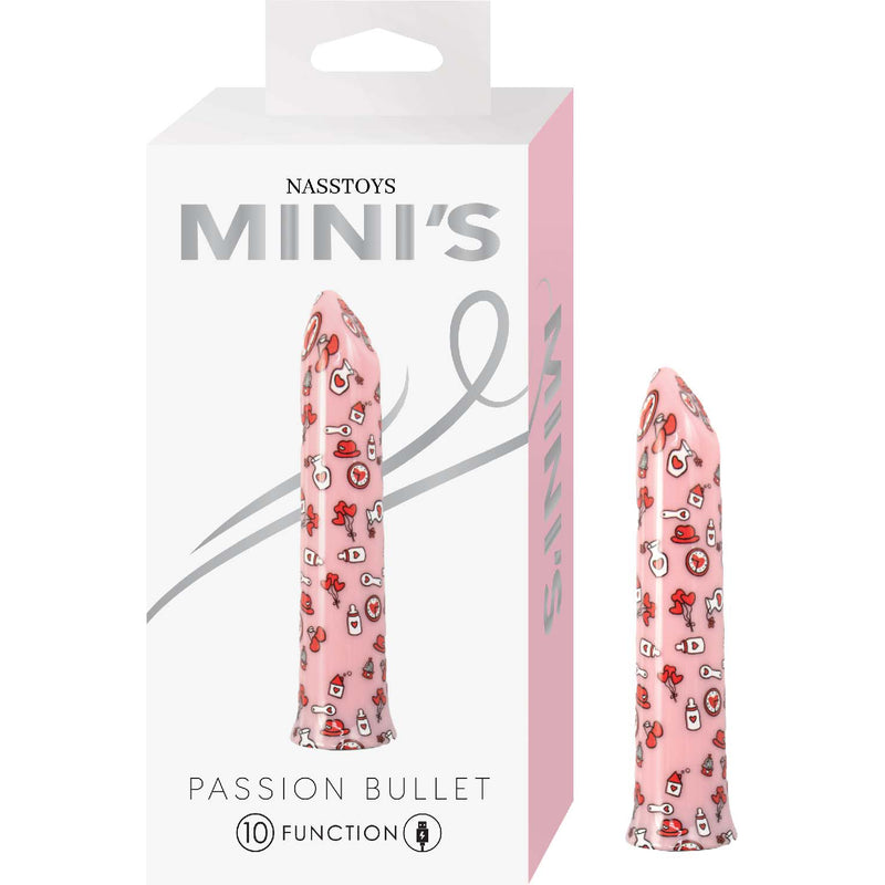 Nasstoys Minis Passion Rechargeable Bullet Pink packaging featuring a playful design with vibrant colors and heart motifs.