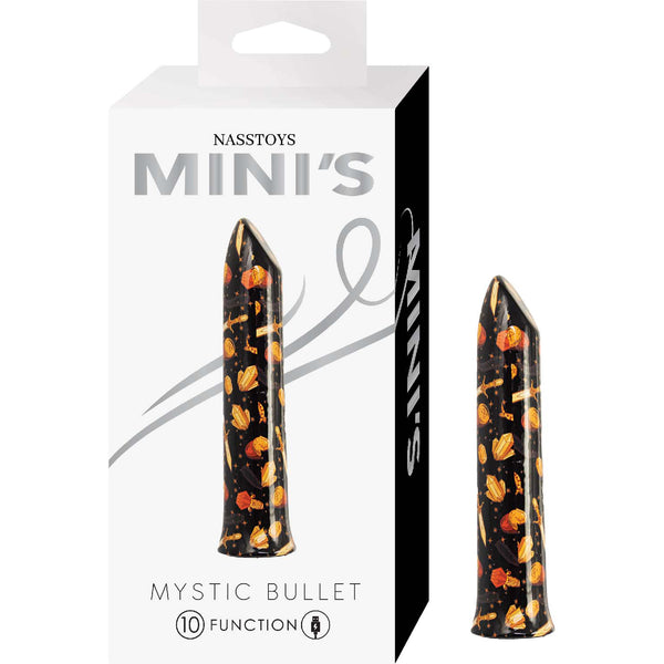 Nasstoys Minis Mystic Rechargeable Bullet packaging with bold design and 10 function features.