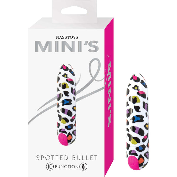Nasstoys Minis Spotted Rechargeable Bullet packaging showing colorful animal print design and 10 functions.