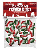 Package of XXX-Mas Pecker Bites Adult Candy, festive treats shaped like holiday peckers for fun celebrations.