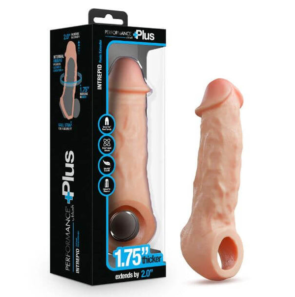 Performance Plus Intrepid Silicone Penis Extender packaging and product, 2-inch length extension, 1.75-inch girth addition.