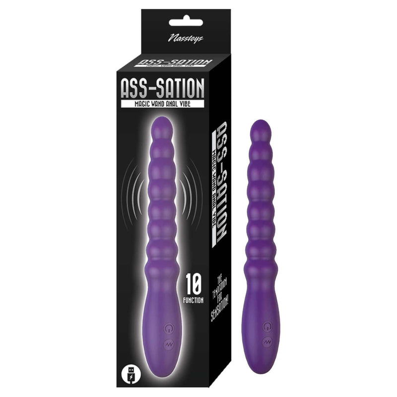 Ass-Sation Magic Wand Anal Vibrator Purple packaging and product showcasing 10 vibration functions for pleasure.