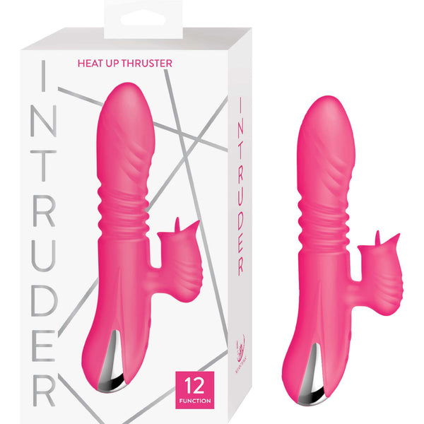 Intruder Heat Up Thruster Pink product packaging and toy image with 12 functions for enhanced pleasure.
