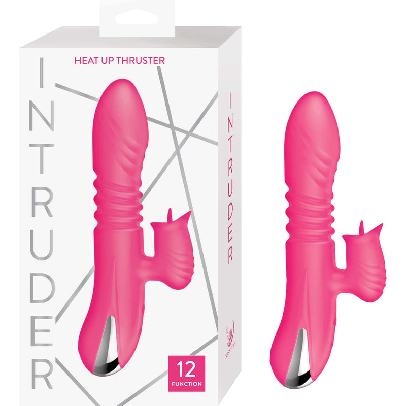 Intruder Heat Up Thruster Pink product packaging and toy image with 12 functions for enhanced pleasure.