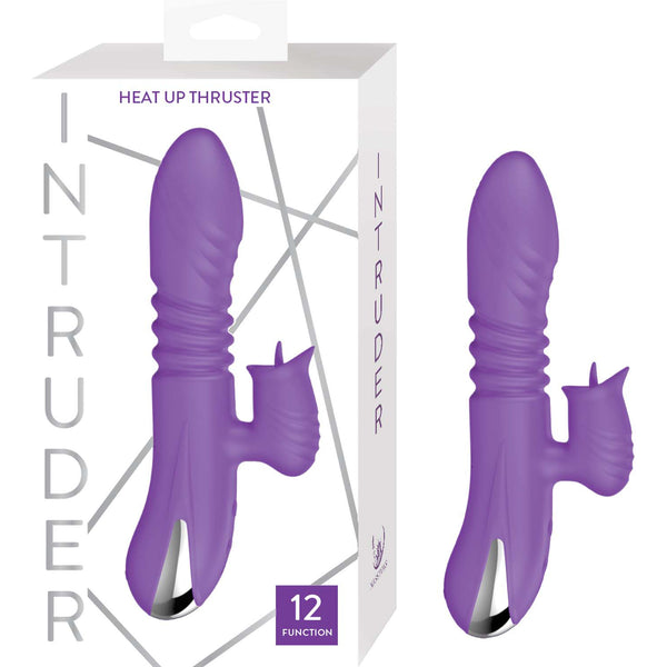 Intruder Heat Up Thruster Purple packaging featuring dual-action vibrator with 12 functions for intense pleasure.