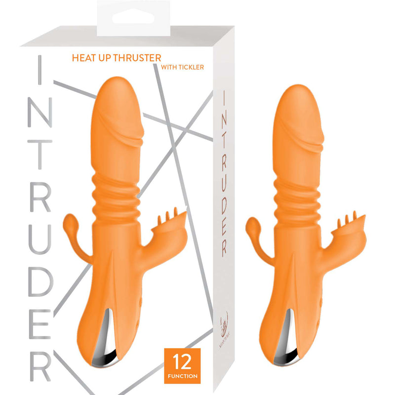 Intruder Heat Up Thruster With Tickler Orange, showcasing 12 thrusting functions for pleasure and stimulation.