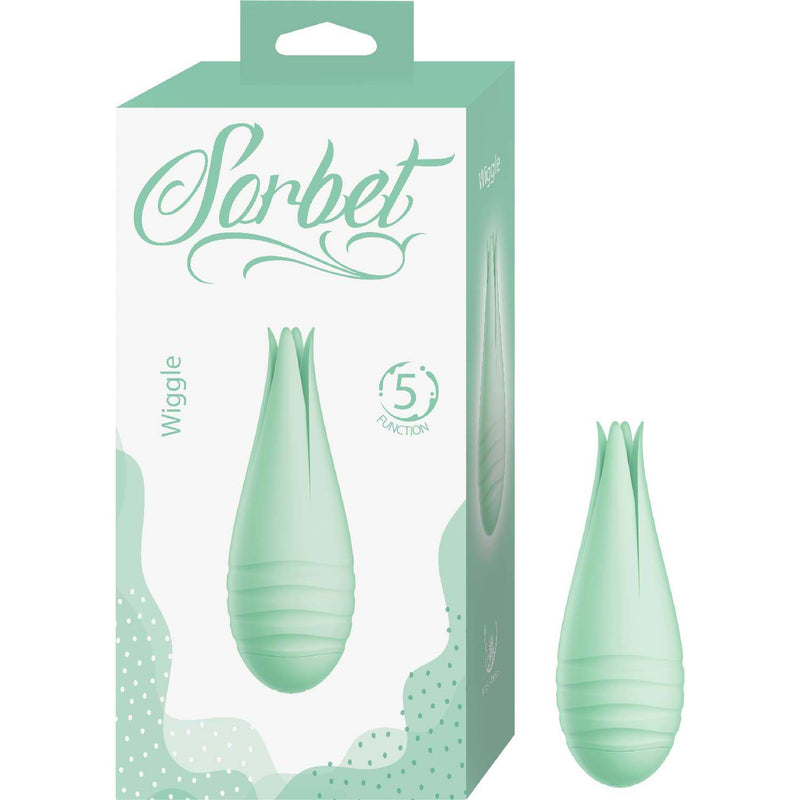 Sorbet Wiggle Vibrator Mint in mint green packaging, showcasing its pocket-sized design and wiggling tip for pleasurable sensations.