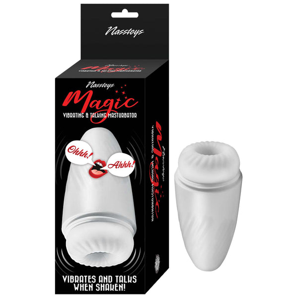 Nasstoys Magic Vibrating and Talking Masturbator packaging featuring ergonomic design and playful graphics