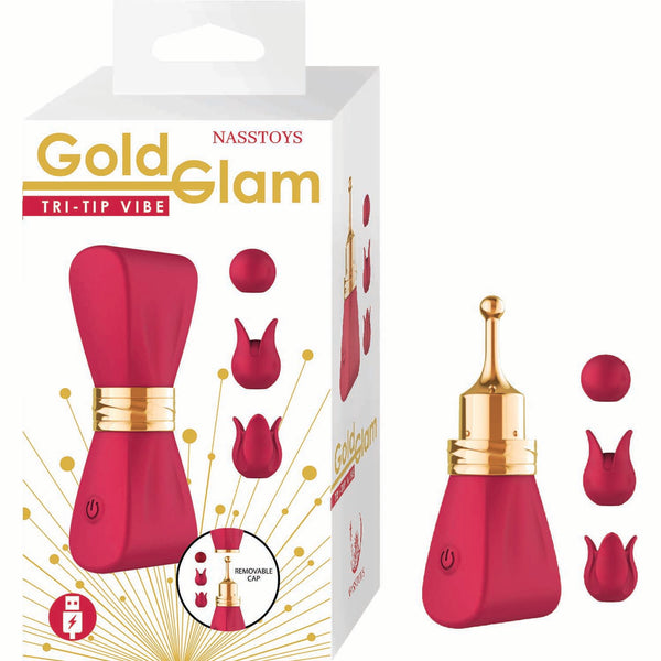 Image of the Gold Glam Tri-Tip Vibe Clitoral Massager by Nasstoys with silicone toppers.