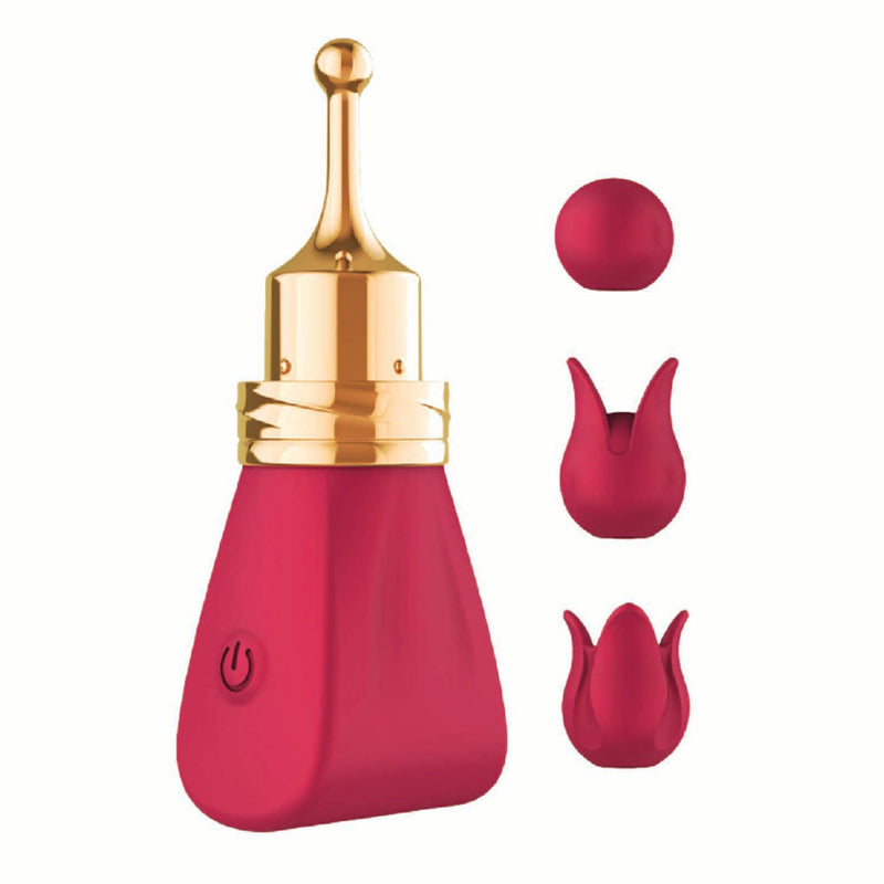 Gold Glam Tri-Tip Vibe Clitoral Massager with three silicone toppers for customized pleasure and 10 vibration functions.