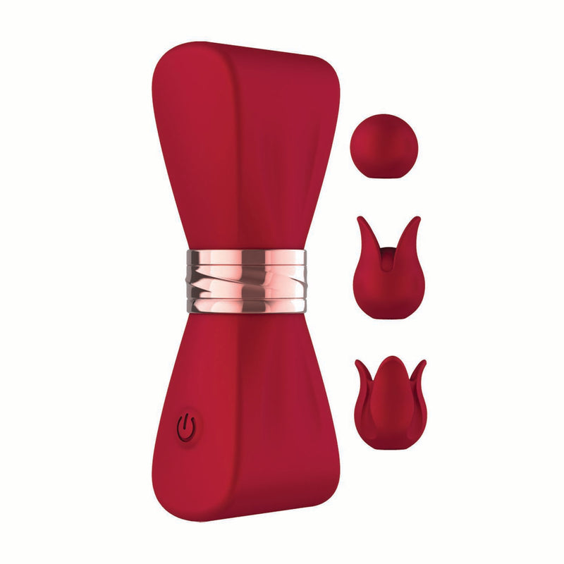 Gold Glam Tri-Tip Vibe Clitoral Massager with three silicone toppers for versatile stimulation and 10 vibration functions.