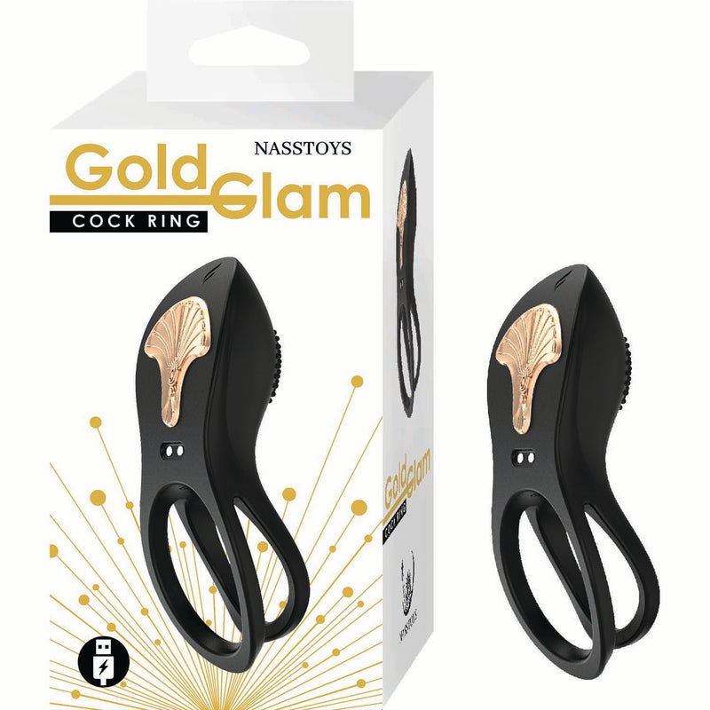 Gold Glam Vibrating Cock Ring Black in packaging, featuring a stylish dual-ring design and gold accents.