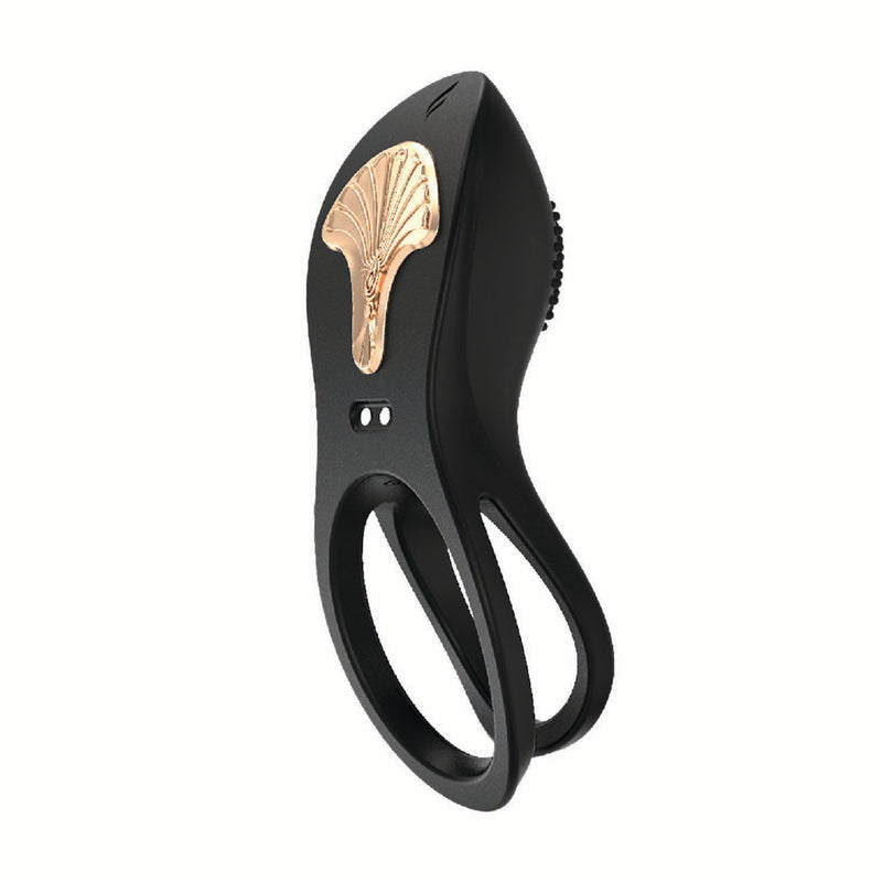 Gold Glam Vibrating Cock Ring Black with a stylish gold decorative element.