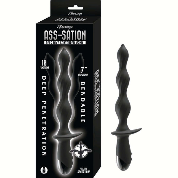 Ass-Sation Deep Dive Contoured Wand Anal Probe Black packaging with product features and design details.