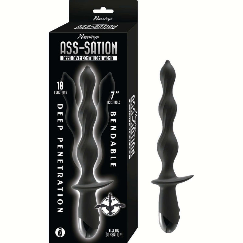 Ass-Sation Deep Dive Contoured Wand Anal Probe Black packaging with product features and design details.