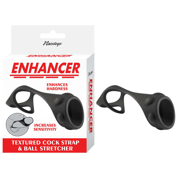 Enhancer Textured Cock Strap and Ball Stretcher Black packaging with product details and usage instructions.