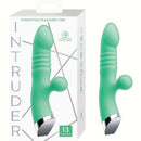 Image of Intruder Thrusting Pleasure Vibe Mint with a sleek design in mint color and packaging showcasing 13 functions.