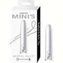 Minis Imperial Silver Bullet Vibrator packaging showcasing its sleek design and features, ideal for travel and versatile stimulation.