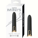 Minis Royal Bullet Vibrator Black in packaging, featuring sleek design and 10 function settings.