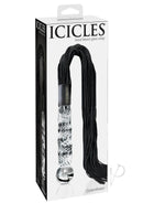 Icicles No 38 Textured Glass Dildo with Flogger 26.5 Inch in elegant packaging with black leather tresses.