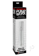 Pump Worx Mega-Vac Power Pump Penis Enlargement System White packaging with features and design.