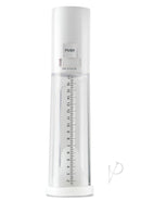 Pump Worx Mega-Vac Power Pump Penis Enlargement System White automatic vacuum pump with measurement scale.