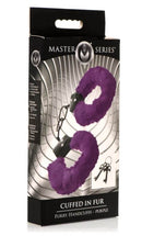 Master Series Cuffed in Fur - Purple Furry Handcuffs Packaging with Keys
