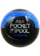 ZOLO Pocket Pool Corner Pocket Masturbator Sleeve Blue packaging with playful design and text promoting pleasure on the go.