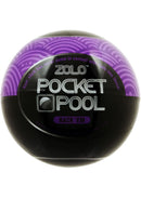 ZOLO Pocket Pool Rack 'Em Masturbator Sleeve Purple packaging with playful billiards theme.