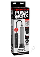 Pump Worx Beginner's Auto-Vac Penis Pump Kit Smoke packaging with powerful suction features and flanged base.