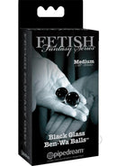 Fetish Fantasy Glass Ben-Wa Ball Medium 1.25 Inch Black packaging with two glass balls displayed.