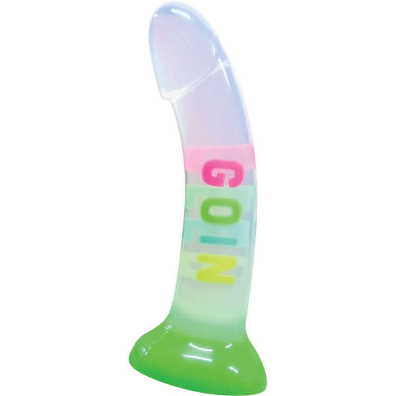 Cotton Candy Dirty Talk Goin Deep Silicone Dildo 7 inches in colorful design with flirty phrases.