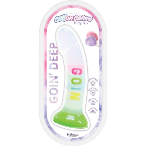 Cotton Candy Dirty Talk Goin Deep Silicone Dildo 7 inches in packaging, showcasing playful phrases on the shaft.