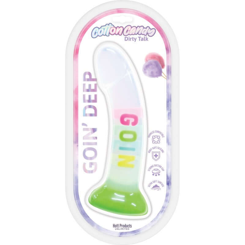 Cotton Candy Dirty Talk Goin Deep Silicone Dildo 7 inches in packaging, showcasing playful phrases on the shaft.