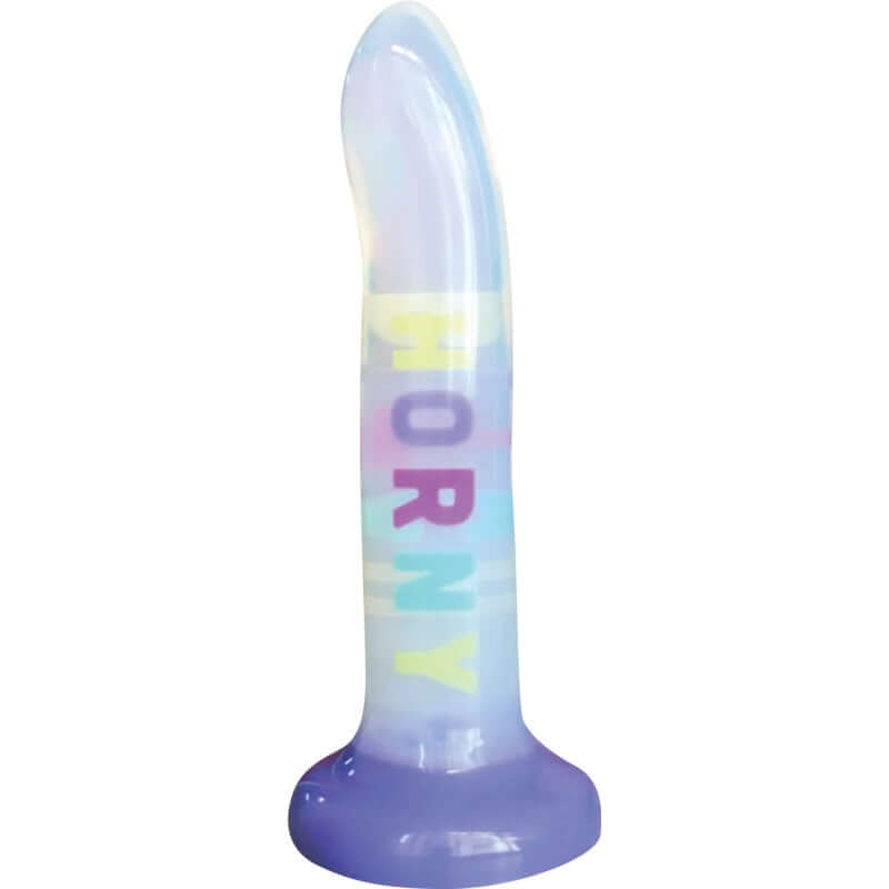 Cotton Candy Dirty Talk Horny Bitch Silicone Dildo showcasing the word 'HORNY' in vibrant colors on a playful silicone design.