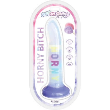 Cotton Candy Dirty Talk Horny Bitch Silicone Dildo in packaging with colorful design and playful text.