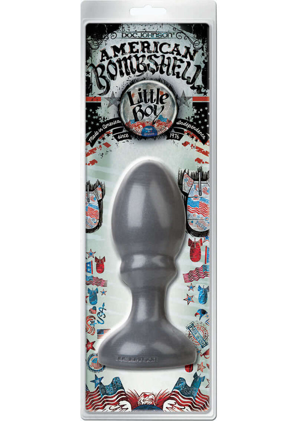American Bombshell Little Boy anal plug in gun metal, featuring a tapered head and flared base for safety and stimulation.
