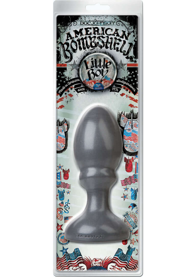 American Bombshell Little Boy anal plug in gun metal, featuring a tapered head and flared base for safety and stimulation.
