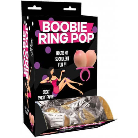Boobie Ring Pop Display box with boob-shaped lollipops, perfect for adult parties and bachelorette fun.