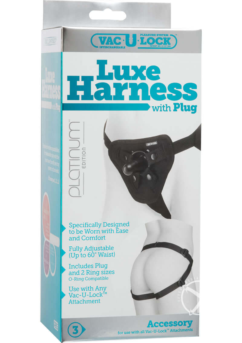 Vac-U-Lock Platinum Luxe Harness with Butt Plug, adjustable up to 69, black neoprene, includes two O-rings.