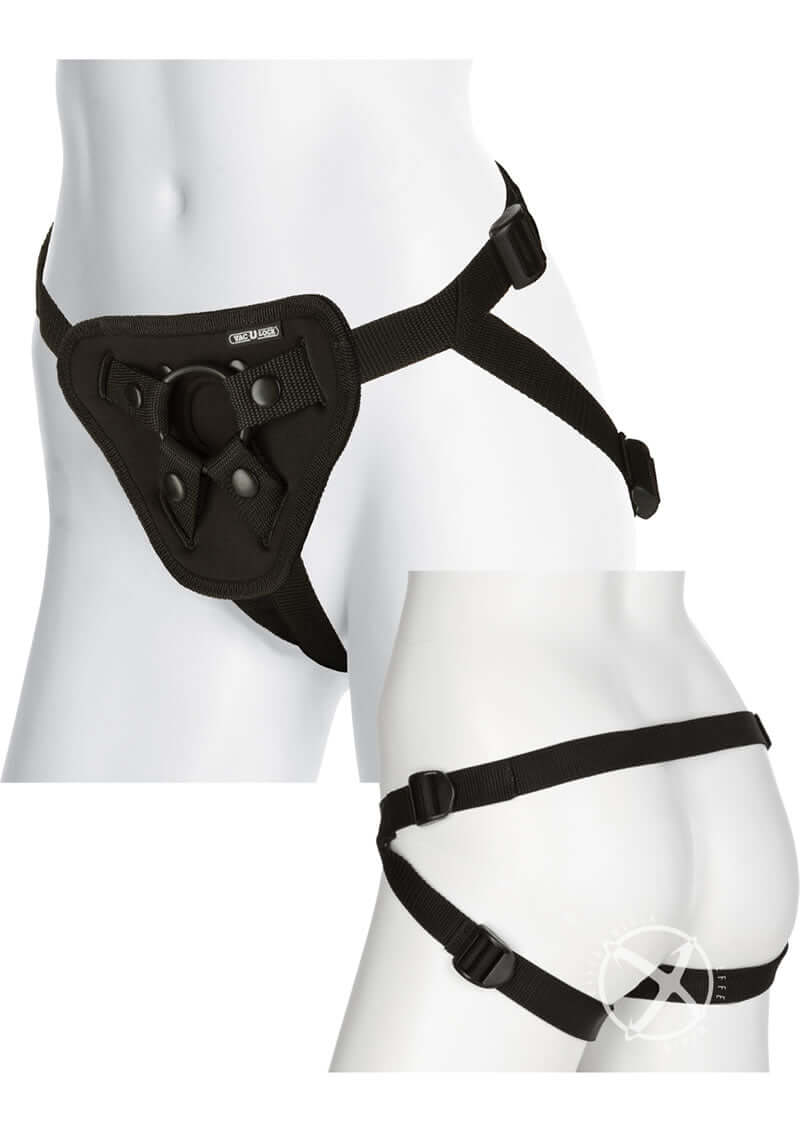 Vac-U-Lock Platinum Luxe Harness in black, featuring adjustable straps and O-rings for versatile use.