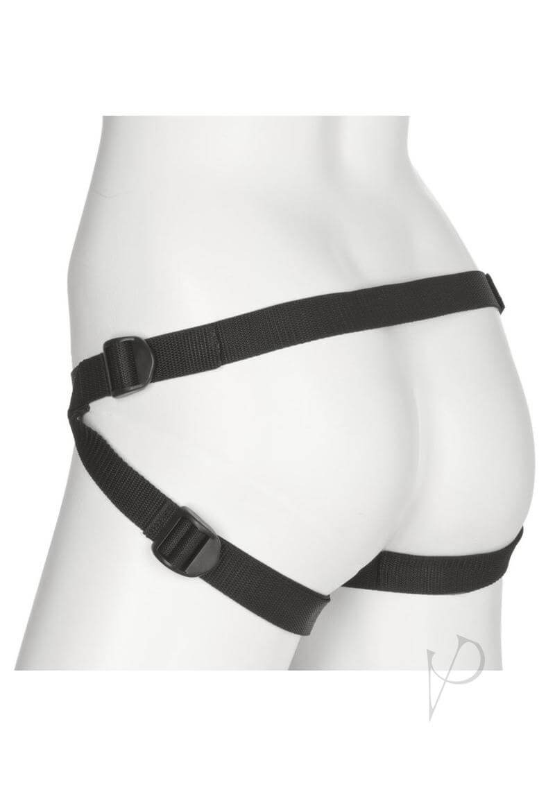 Adjustable black harness featuring dual straps and a smooth design, ideal for Vac-U-Lock attachments and strap-on use.
