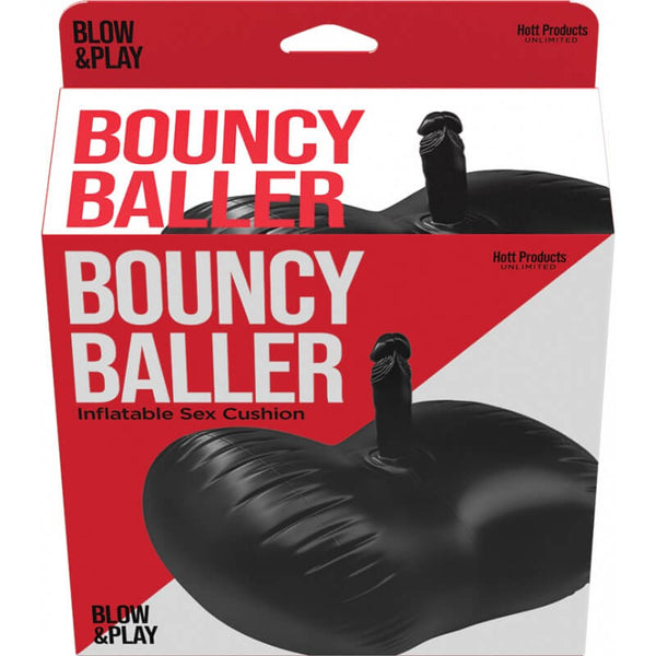 Bouncy Baller Inflatable Sex Cushion packaging featuring a fun black design for enhanced pleasure and comfort.