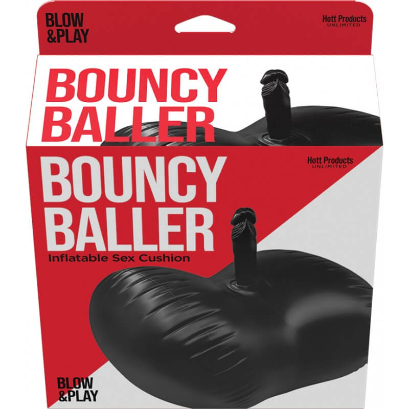 Bouncy Baller Inflatable Sex Cushion packaging featuring a fun black design for enhanced pleasure and comfort.