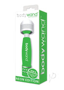 Bodywand Mini Wand Massager Neon Edition Green in packaging, compact travel-ready design with vibrant colors.