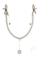 Fetish Fantasy Series Crystal Nipple Clamps Silver with hanging crystal accents on a silver chain.