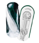 Tenga Flip 360 Aurora Green Masturbator showcasing its sleek design and innovative helical interior.