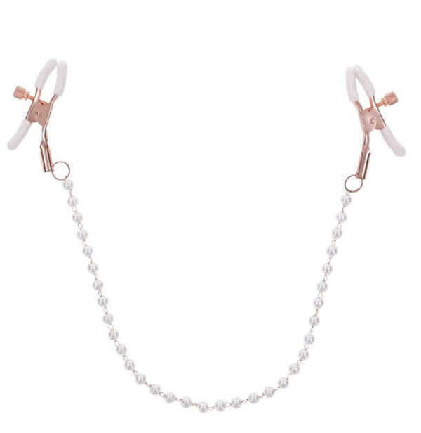 Adjustable rose gold nipple clamps with pearl accents and white rubberized tips for intimate play.