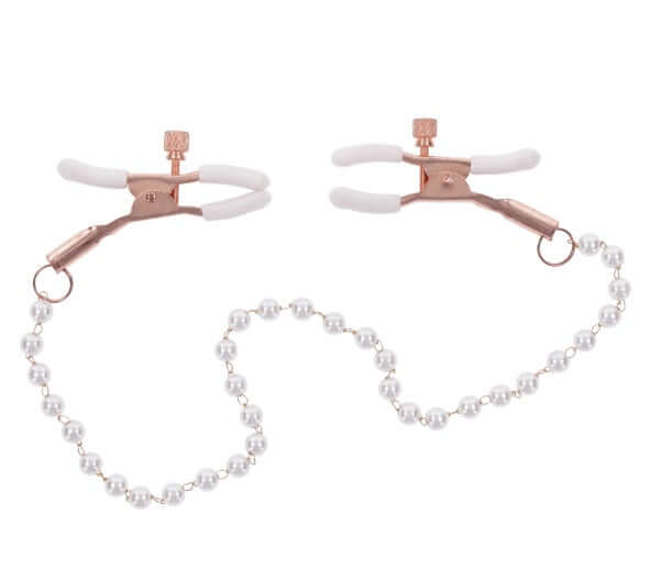 Rose gold adjustable nipple clamps with pearl accents and white rubber tips for enhanced sensitivity and secure intimate play.